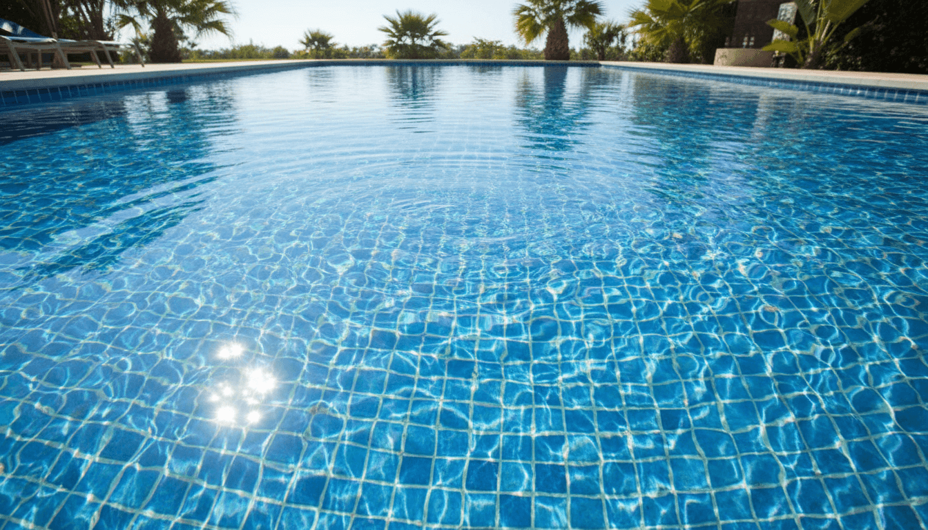 Sparkling clean pool water with sunlight reflections and blue tiles