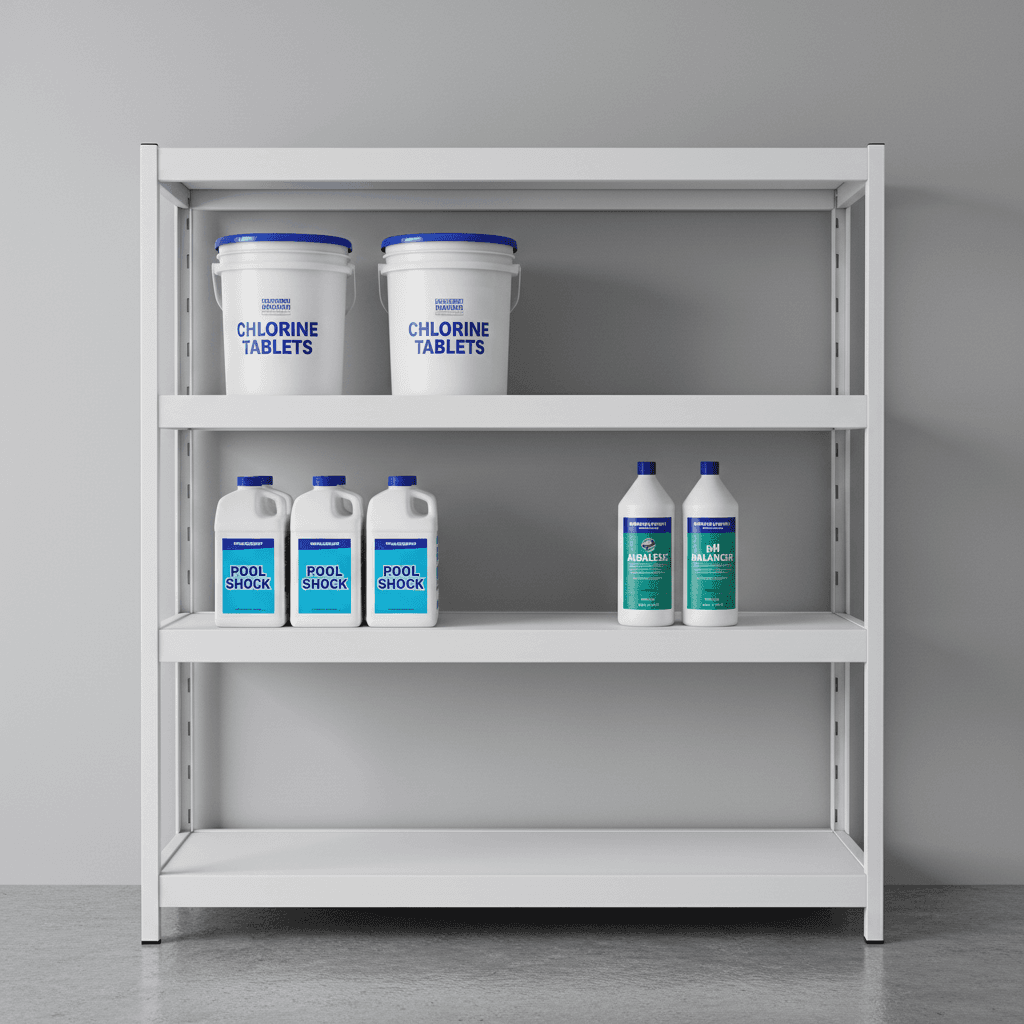 Pool chemical containers stacked on a garage shelf