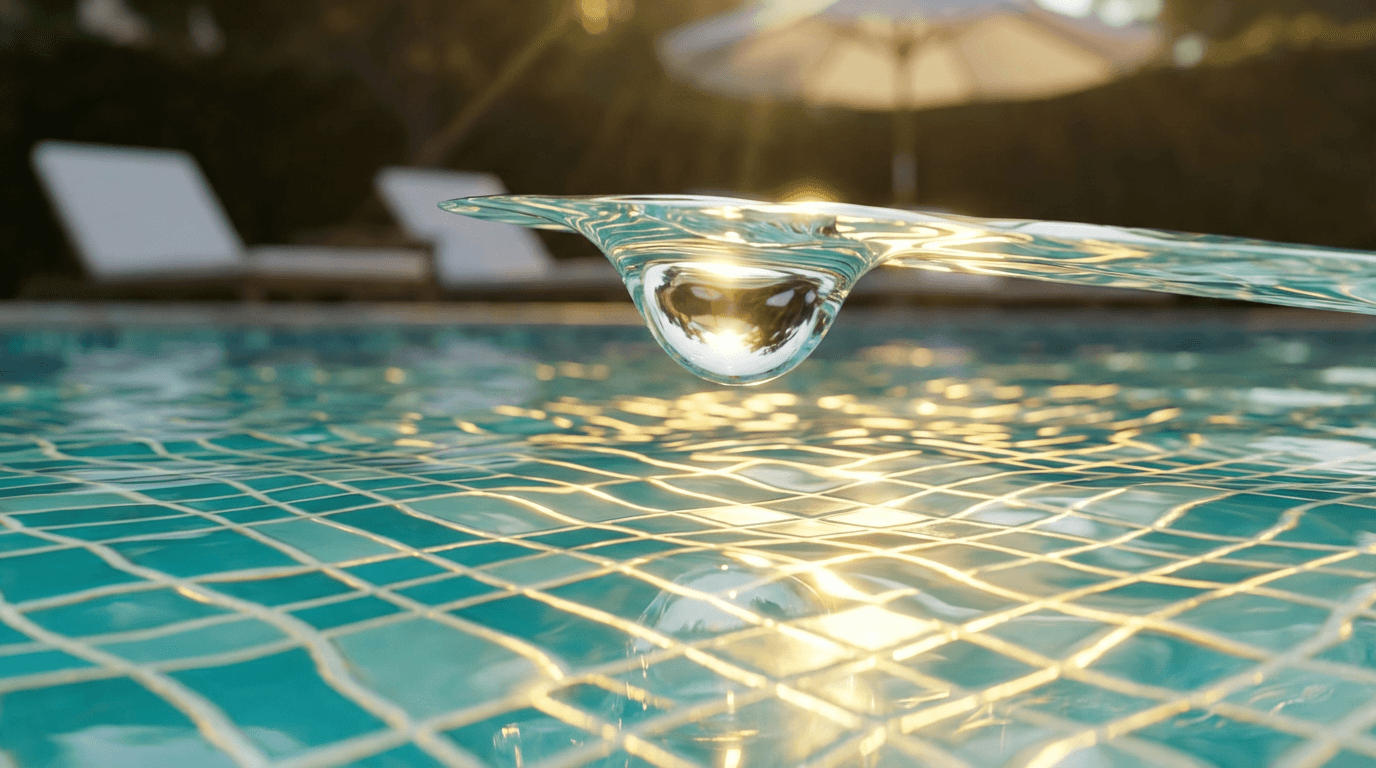 Crystal clear pool water with dancing caustic light patterns and ripples, showing pristine turquoise tiles beneath.