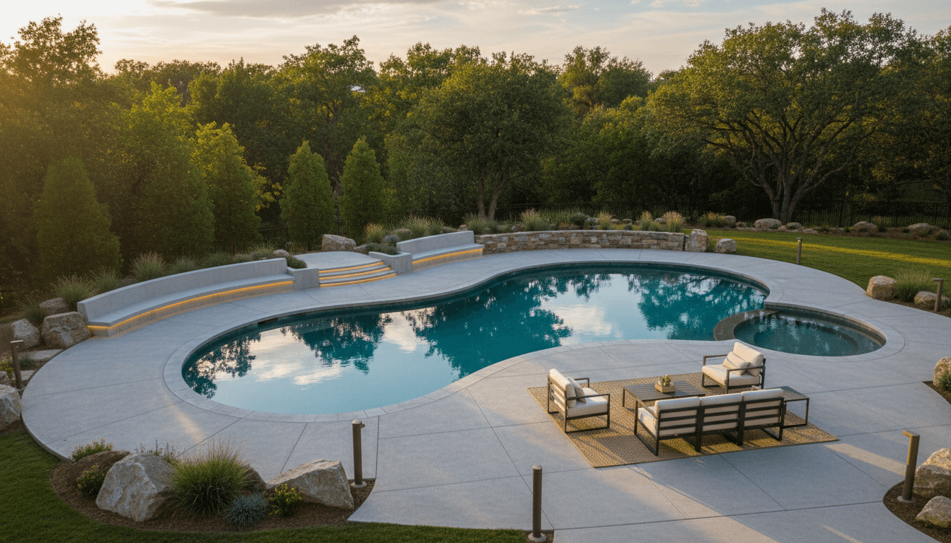 Newly completed custom residential gunite pool with surrounding landscaping and outdoor seating areas at sunset