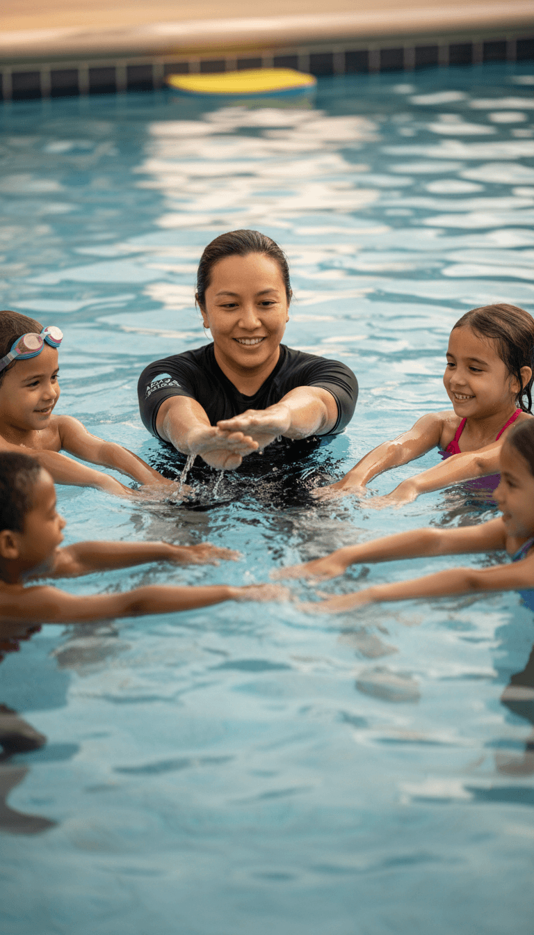 Swim instructor in pool teaching diverse group of children, demonstrating arm movements with warm, supportive teaching approach